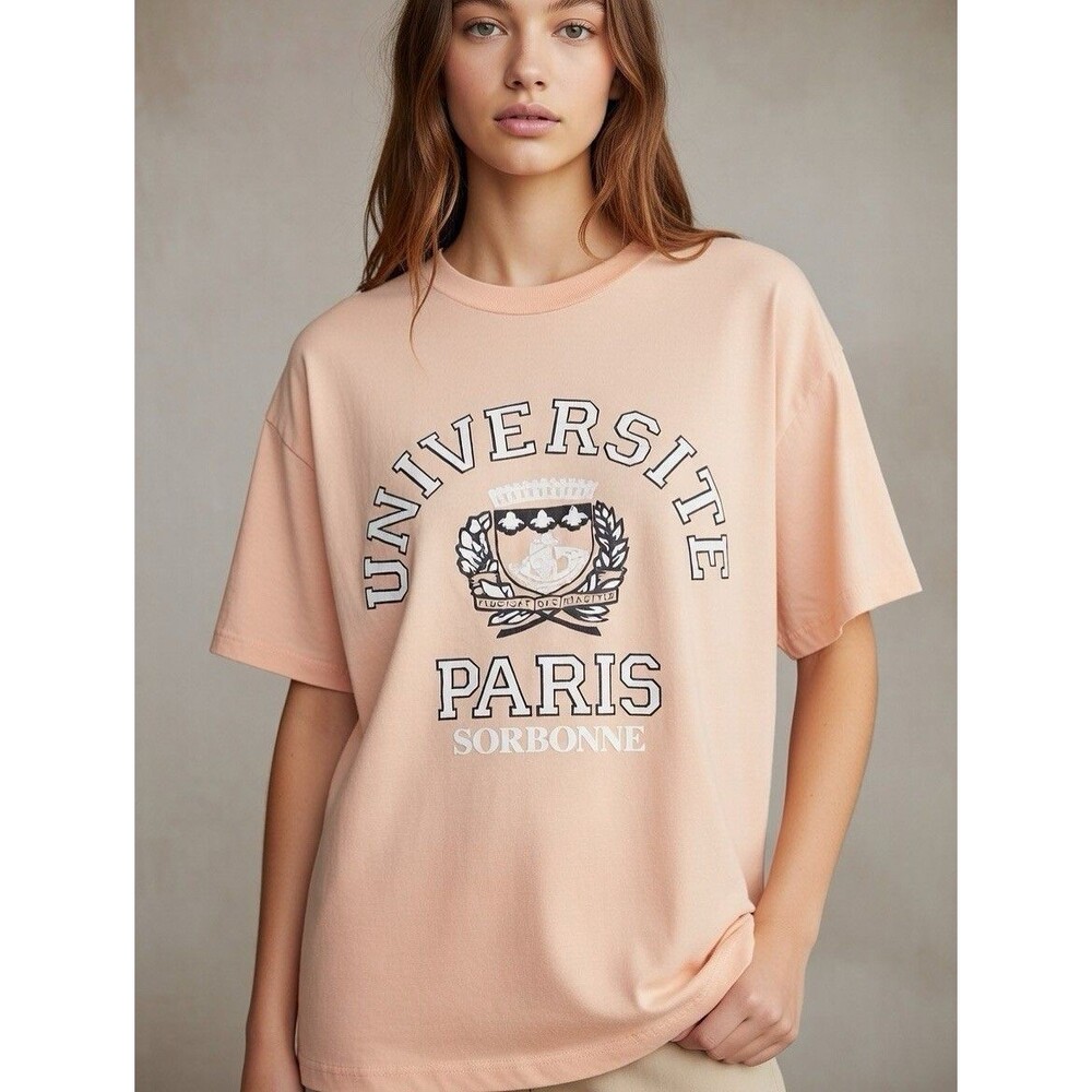 Vintage 80's SORBONNE University PARIS Peach Cotton size large T-shirt